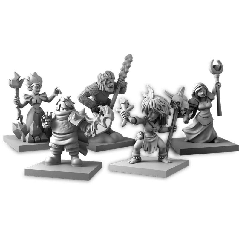 Close-up of Kingdom Rush: Elemental Uprising player cards and game pieces for 1-4 players