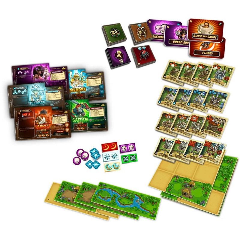 Kingdom Rush: Elemental Uprising game in play, showing players engaged with the board and cards for 1-4 players
