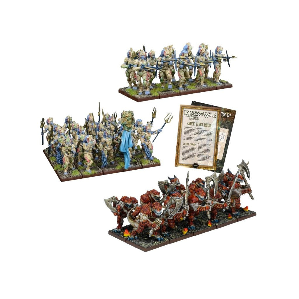 Kings of War game set: fantasy miniatures including crossbowmen, trident-wielders and red monsters, with a rulebook