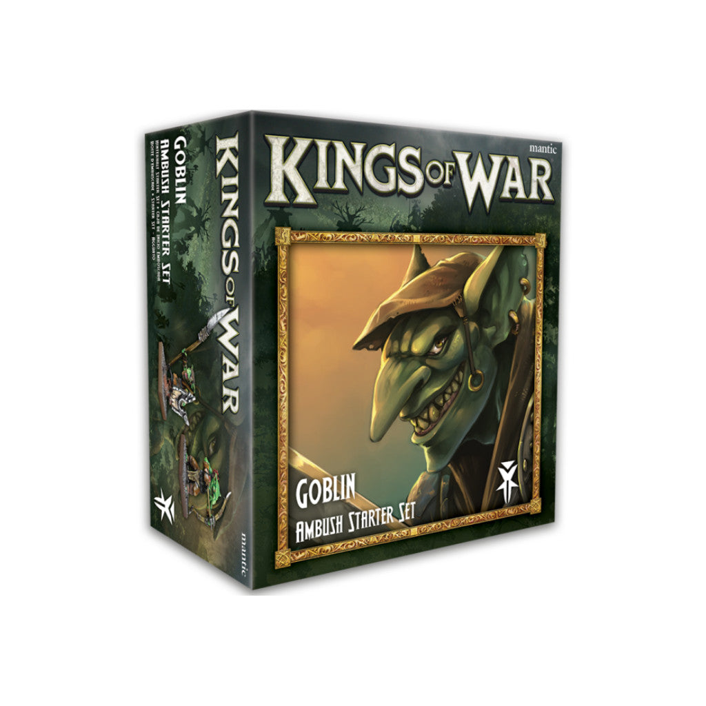 A Kings of War tabletop game box, the Goblin Ambush Starter Set, with a green-skinned goblin on the cover