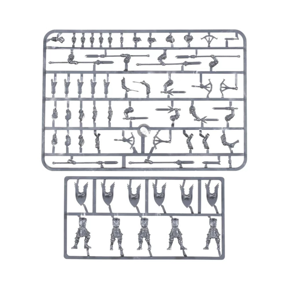Grey sprues filled with unassembled miniature parts torsos, heads, weapons (swords, bows, spears), and shields