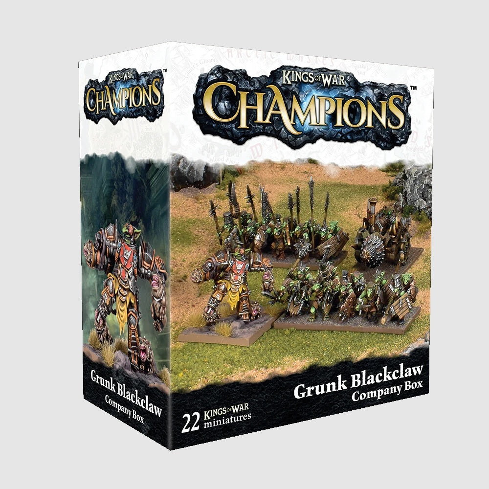 Kings of War Champions Grunk Blackclaw Company Box. Displays an armored hero, goblin miniatures, and a war machine on a battlefield.