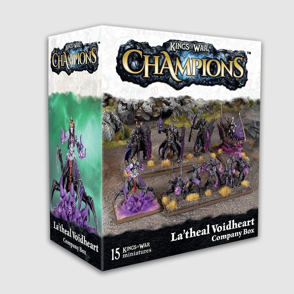 Kings of War Champions: La'theal Voidheart Company Box featuring 15 dark, spider-themed fantasy miniatures with purple accents.