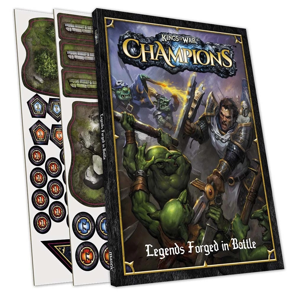 Kings of War Champions fantasy board game set: The box shows a warrior fighting orcs, with game tokens and terrain sheets visible