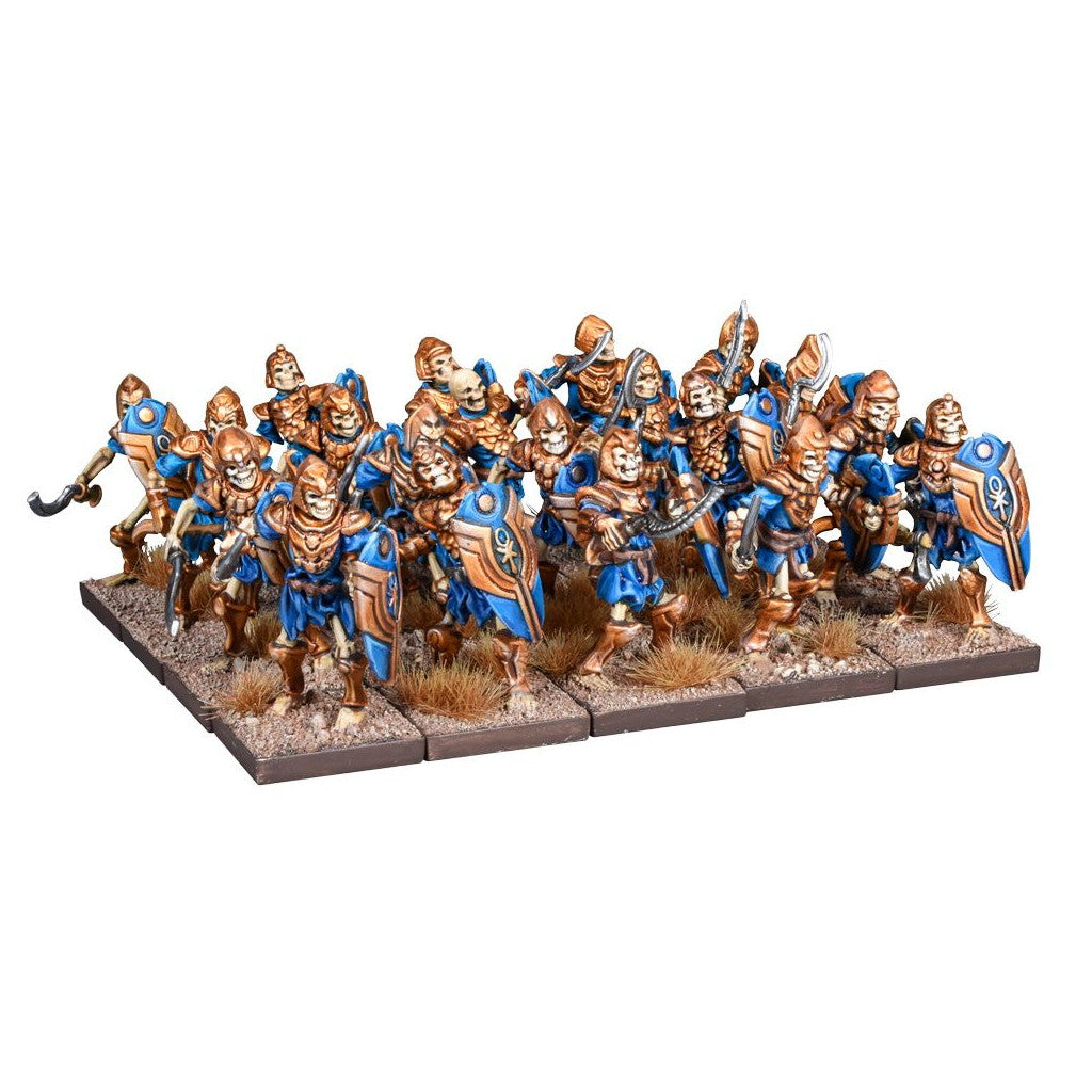 A unit of miniature skeletal warriors with blue and gold armor and shields advancing