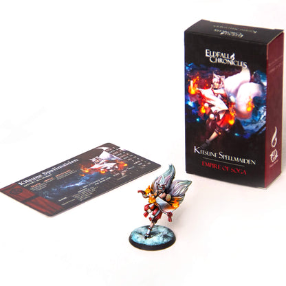 Kitsune Spellmaiden miniature with fiery hands, standing beside its character card and game box.