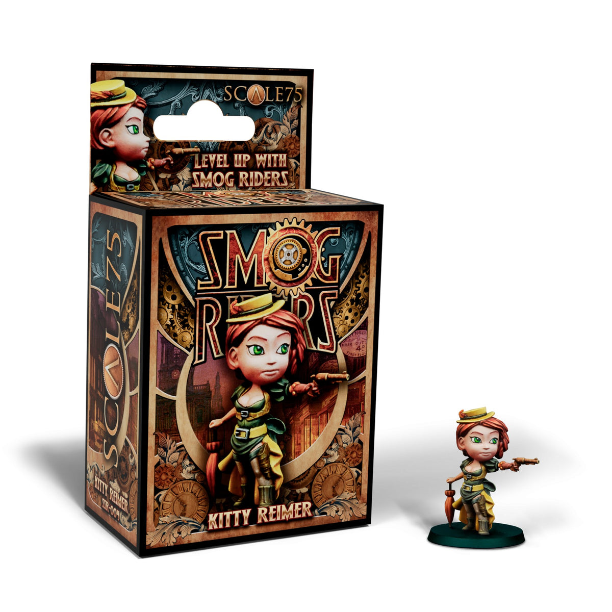 Chibi steampunk miniature, Kitty Reimer, holding a pistol, displayed next to her Smog Riders retail box.