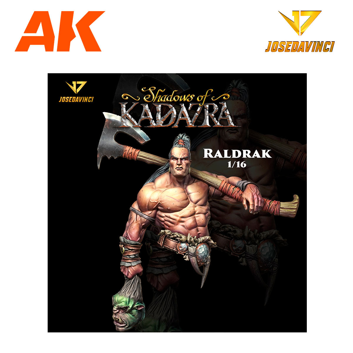 Muscular barbarian warrior, Raldrak, from Shadows of Kadavra, holds an axe over his shoulder and a severed green head