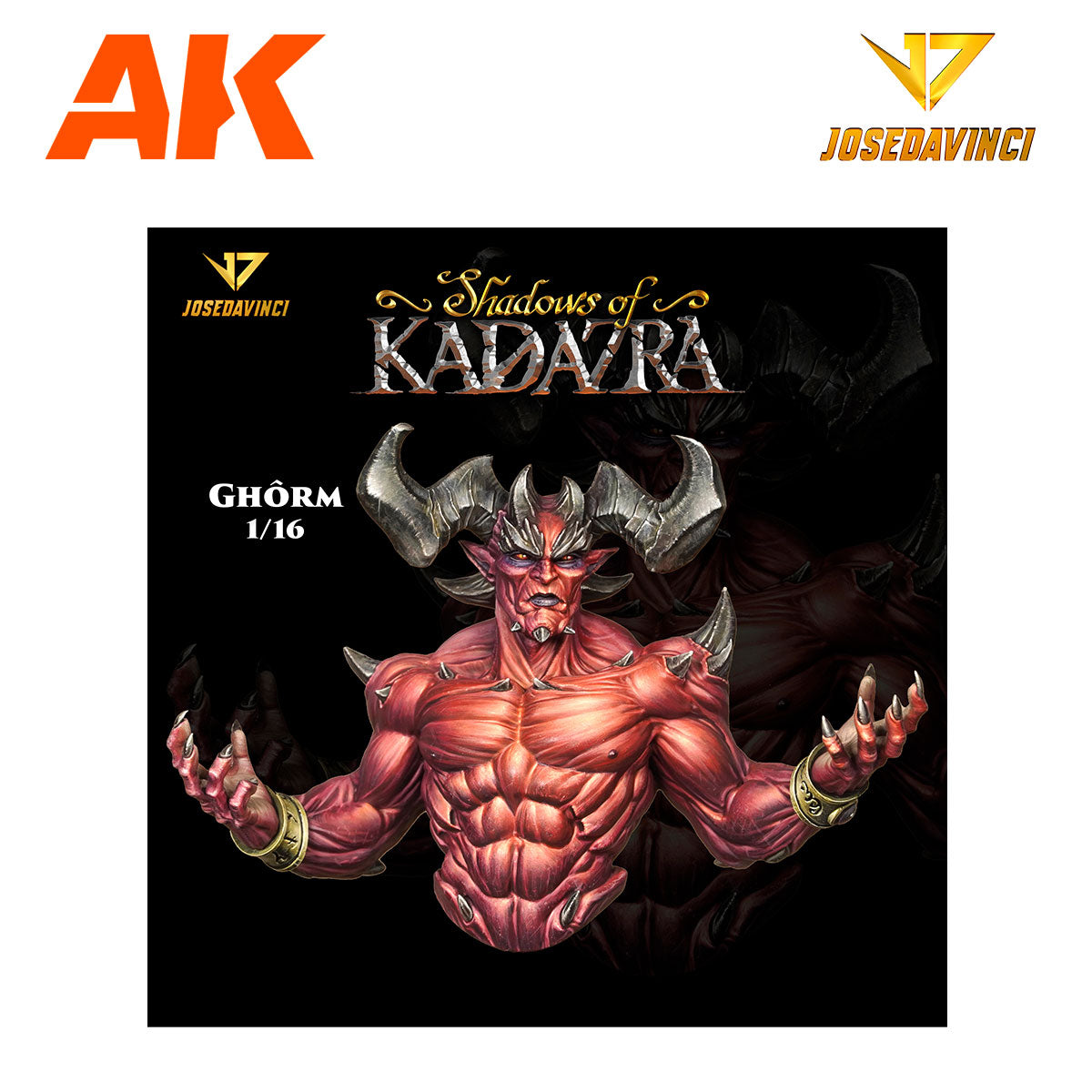 Red demon model, GhÃ´rm from Shadows of Kadavra, with large horns, spikes, muscular body, and raised, clawed hands
