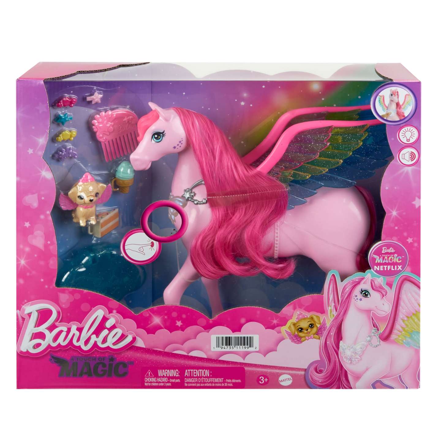 A Barbie "A Touch of Magic" toy set featuring a pink pegasus with rainbow wings -  a small winged dog -  and accessories in its packaging