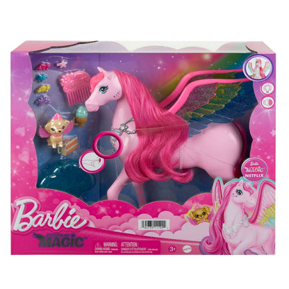 A Barbie "A Touch of Magic" toy set featuring a pink pegasus with rainbow wings -  a small winged dog -  and accessories in its packaging