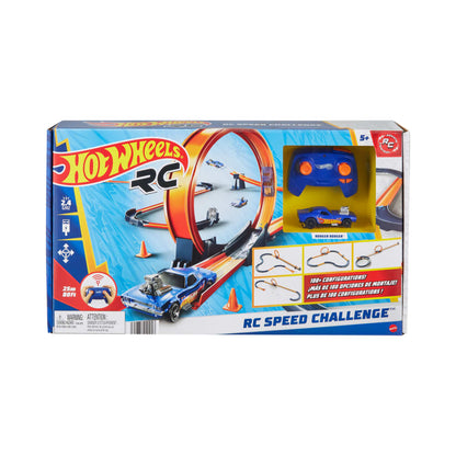 Hot Wheels RC Speed Challenge box displays a blue RC car racing on a track with a loop, alongside its controller