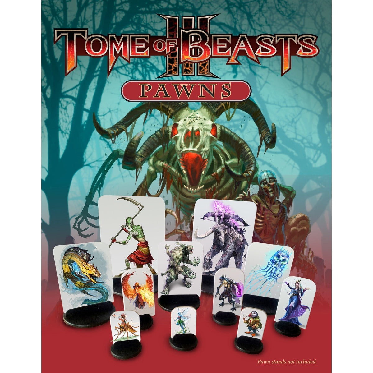 The Tome of Beasts II Pawns set displays fantasy monster pawns on stands against a background of a large skeletal beast and dark forest