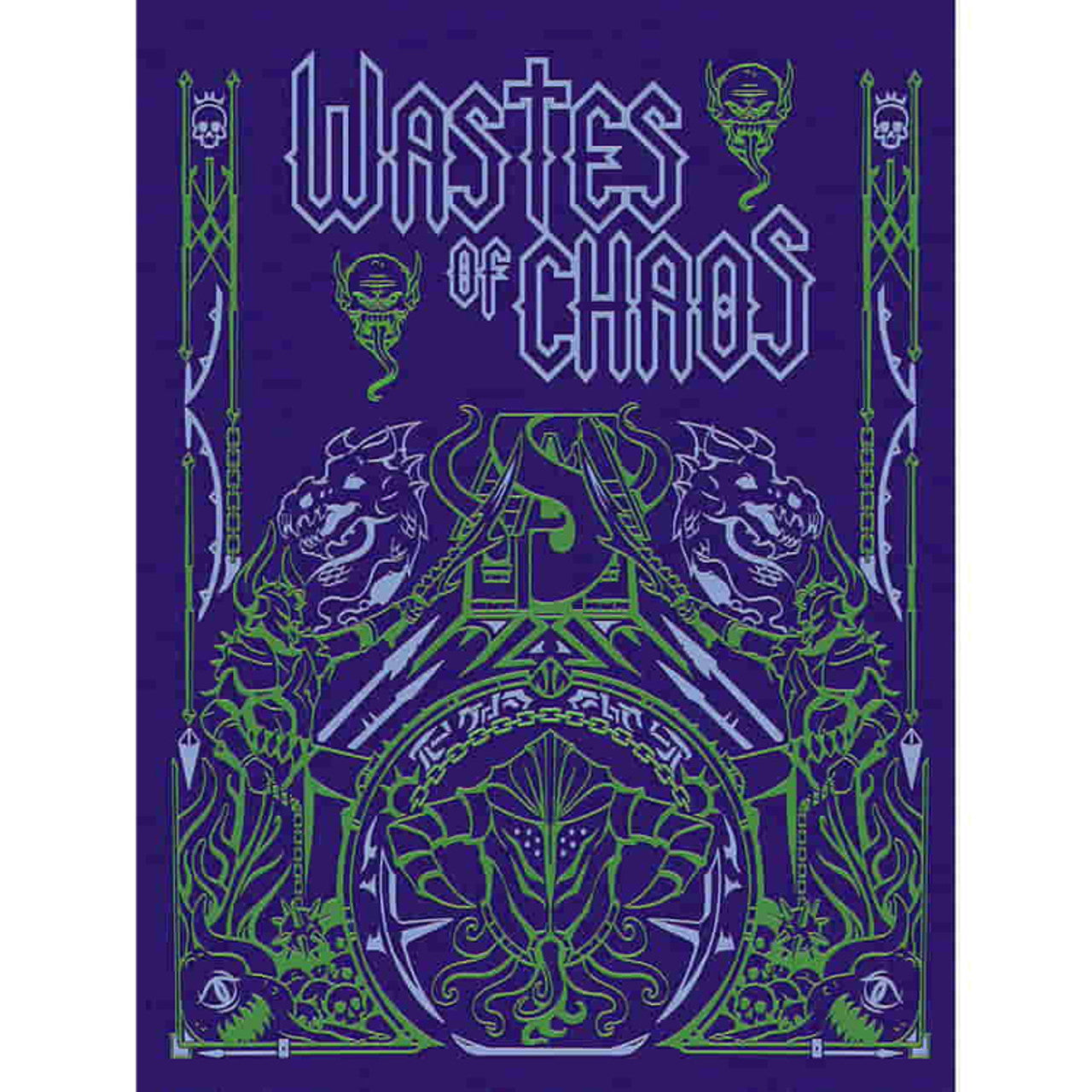 Wastes of Chaos sourcebook cover features stylized light blue and green line art on purple, depicting monsters, warriors, and a central shield emblem