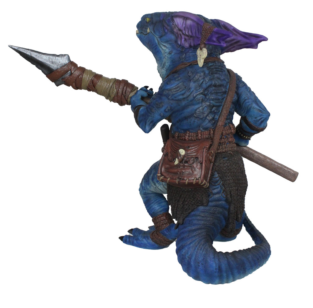Blue kobold figure with purple ears and a tail, holding a spear and carrying a satchel