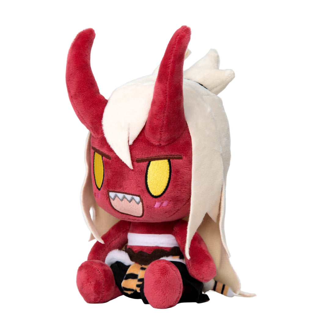 A sitting red oni plush with white hair, yellow eyes, jagged teeth, and a tiger-striped loincloth