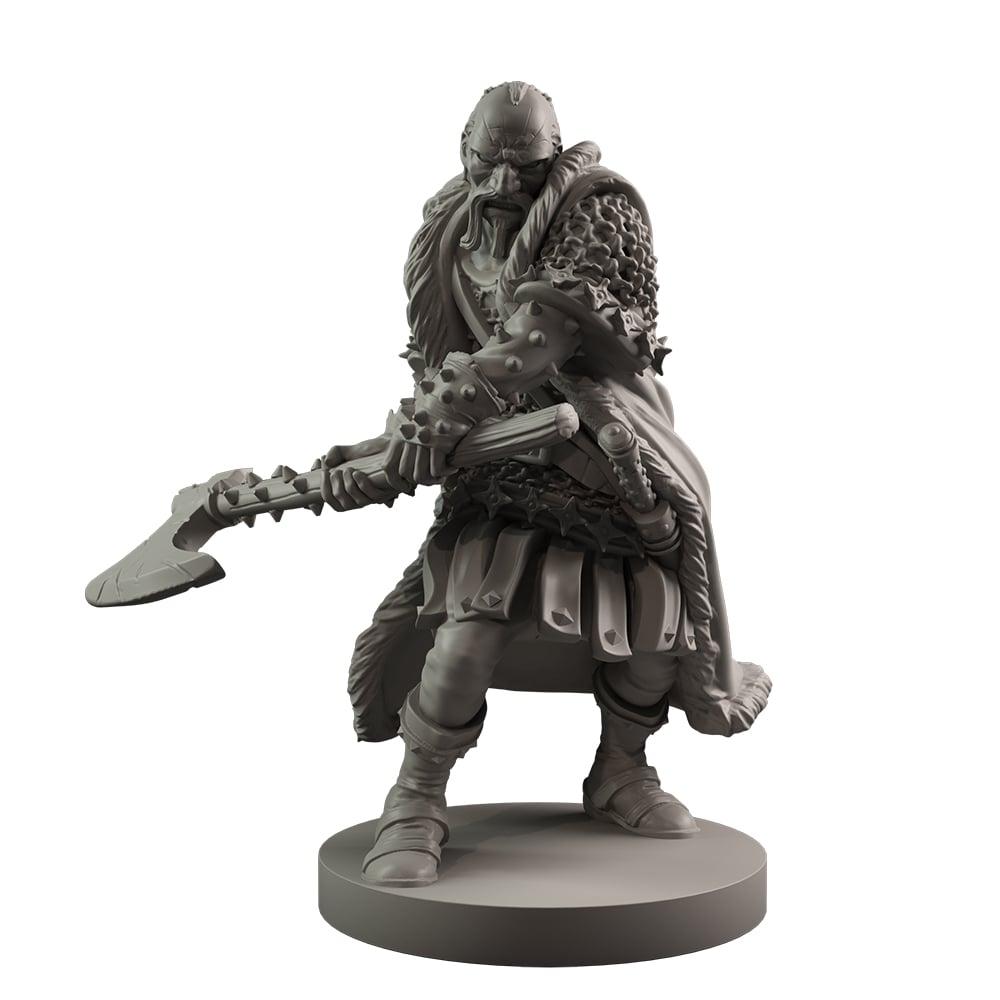 Unpainted grey miniature of a bearded Viking warrior in spiked armor holding a large axe