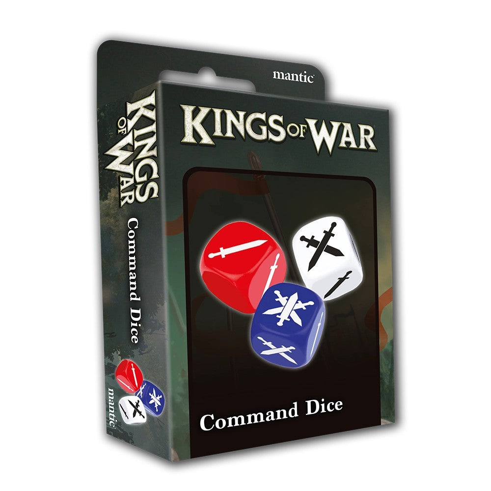 Kings of War Command Dice product box displaying red, white, and blue dice with sword symbols