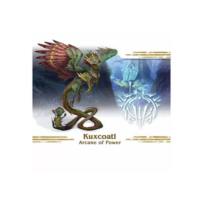 Green winged serpent-dragon Kuxcoatl flies over ancient ruins and a glowing symbol. Arcane of Power