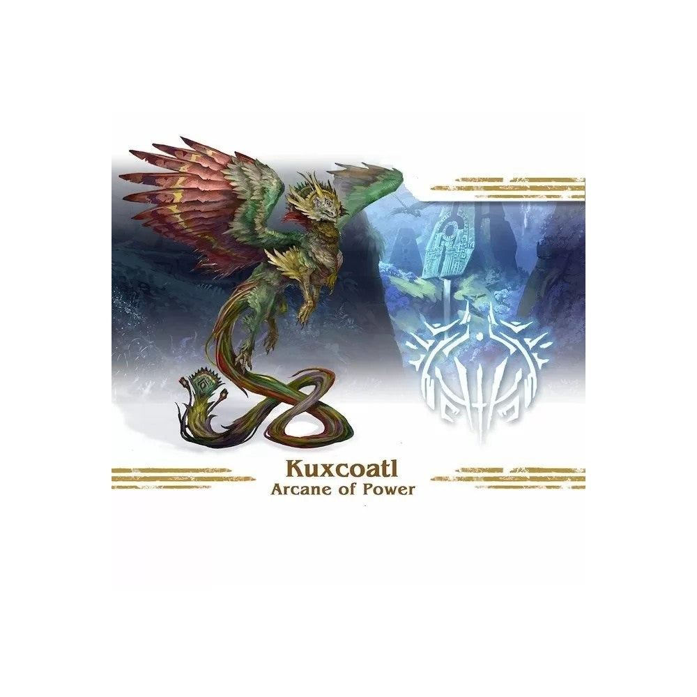 Green winged serpent-dragon Kuxcoatl flies over ancient ruins and a glowing symbol. Arcane of Power