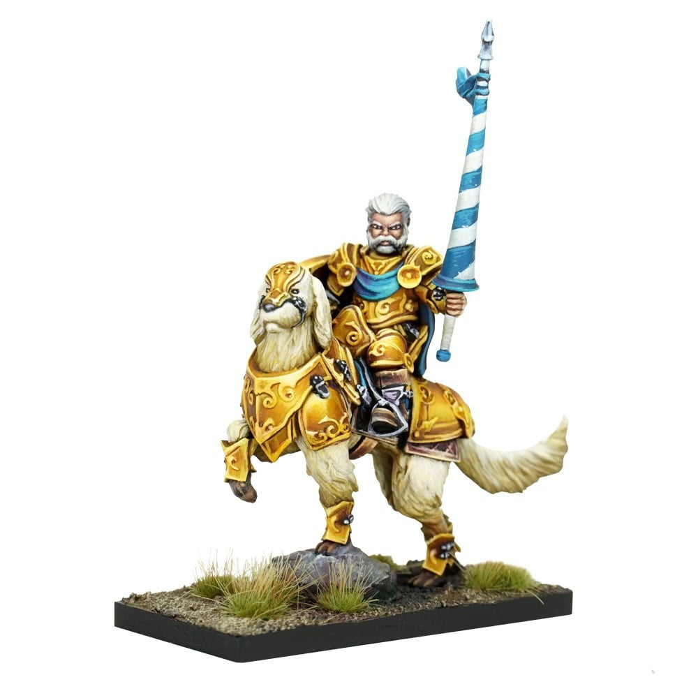 A fantasy miniature an armored man with a grey beard riding a gold-armored dog, holding a blue-striped spear