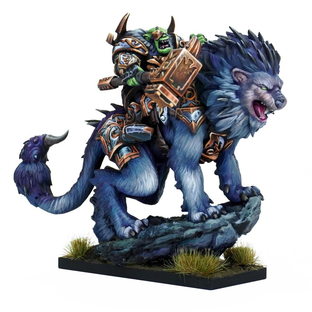 An armored green orc with a hammer rides a snarling blue lion-like beast