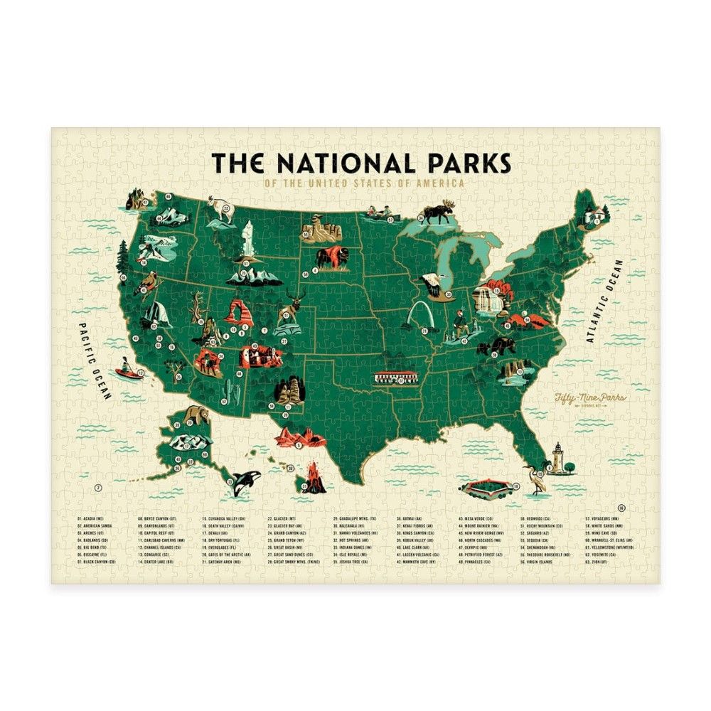 A completed jigsaw puzzle map of US National Parks, featuring illustrations of landmarks and wildlife