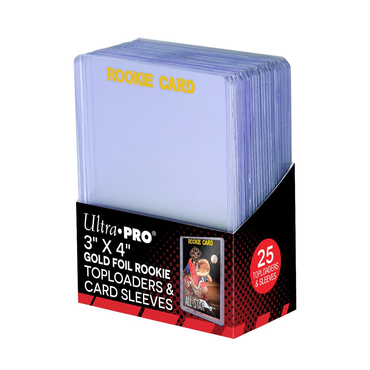 A box of Ultra-PRO 3x4 clear plastic &#39;Rookie Card&#39; toploaders and sleeves, 25 count, with gold foil