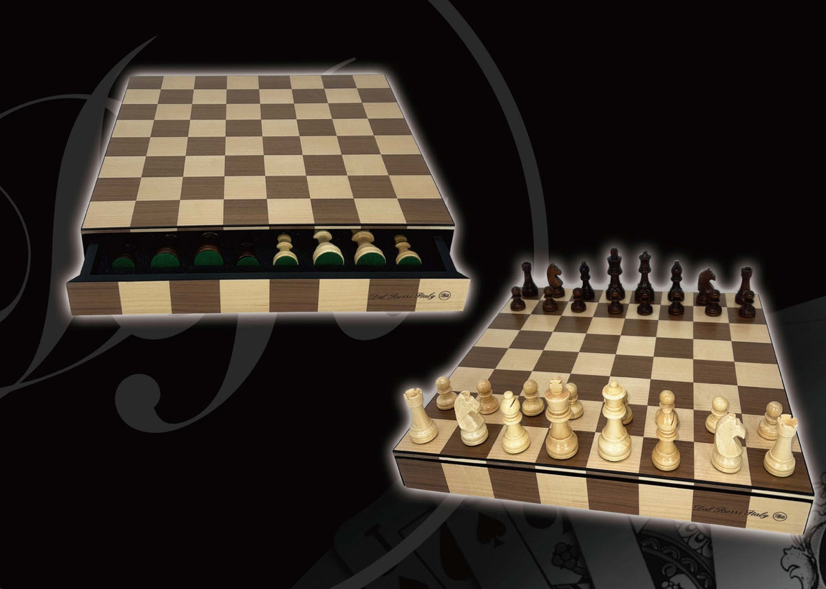 Dal Rossi Chess, Wooden Inlaid box, with drawer and chess pieces, 14inch
