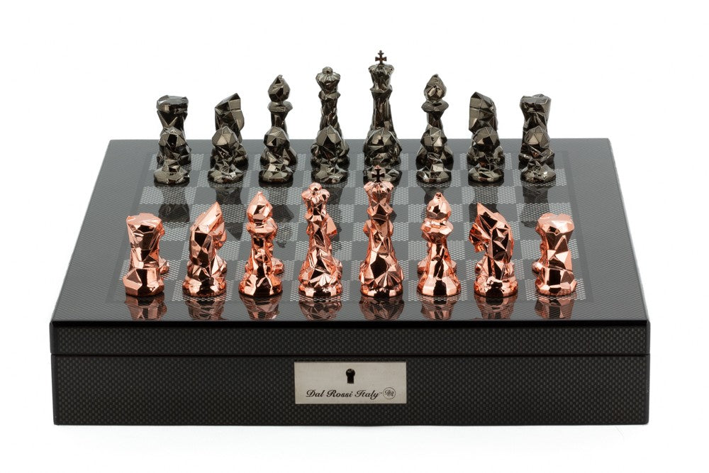 Dal Rossi Chess with Diamond-Cut Copper &amp; Bronze 85mm chessmen on a Carbon Fibre Shiny Finish Chess Box 16inch with compartments