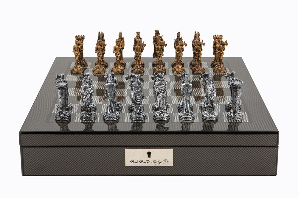 Dal Rossi Carbon Fibre Chess Box with Compartments 16inch with Medieval Pewter Chessmen - Good Games