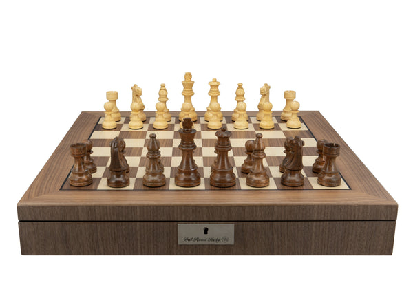 Dal Rossi Italy, Staunton Boxwood/Sheesham 95mm Wood Double Weighted Chessmen on a Walnut Inlaid Chess Box with Compartments 20 Inch