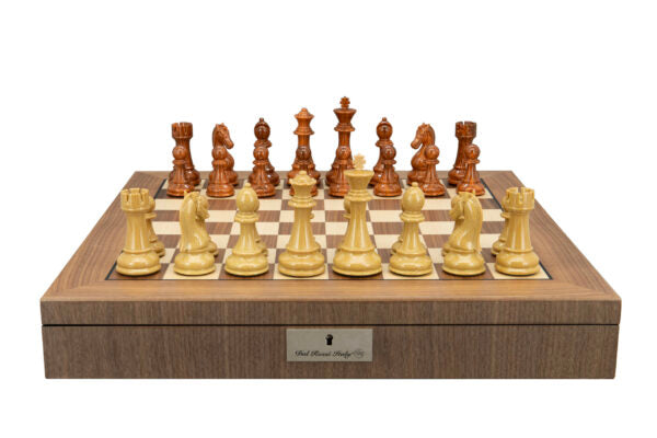 Dal Rossi Italy Brown and Box Wood Grain Finish 110mm Chessmen on a Walnut Inlaid Chess Box with Compartments 20? - Good Games