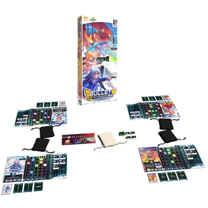 Orange and white Bullet board game box standing upright behind four player mats with game pieces bags and cards spread out