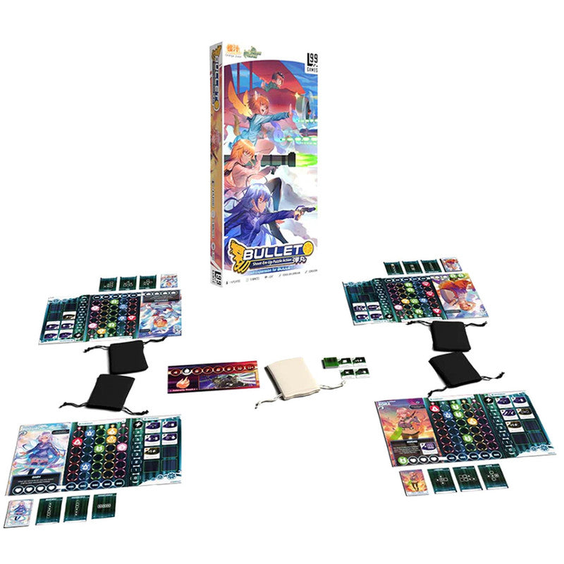Orange and white Bullet board game box standing upright behind four player mats with game pieces bags and cards spread out