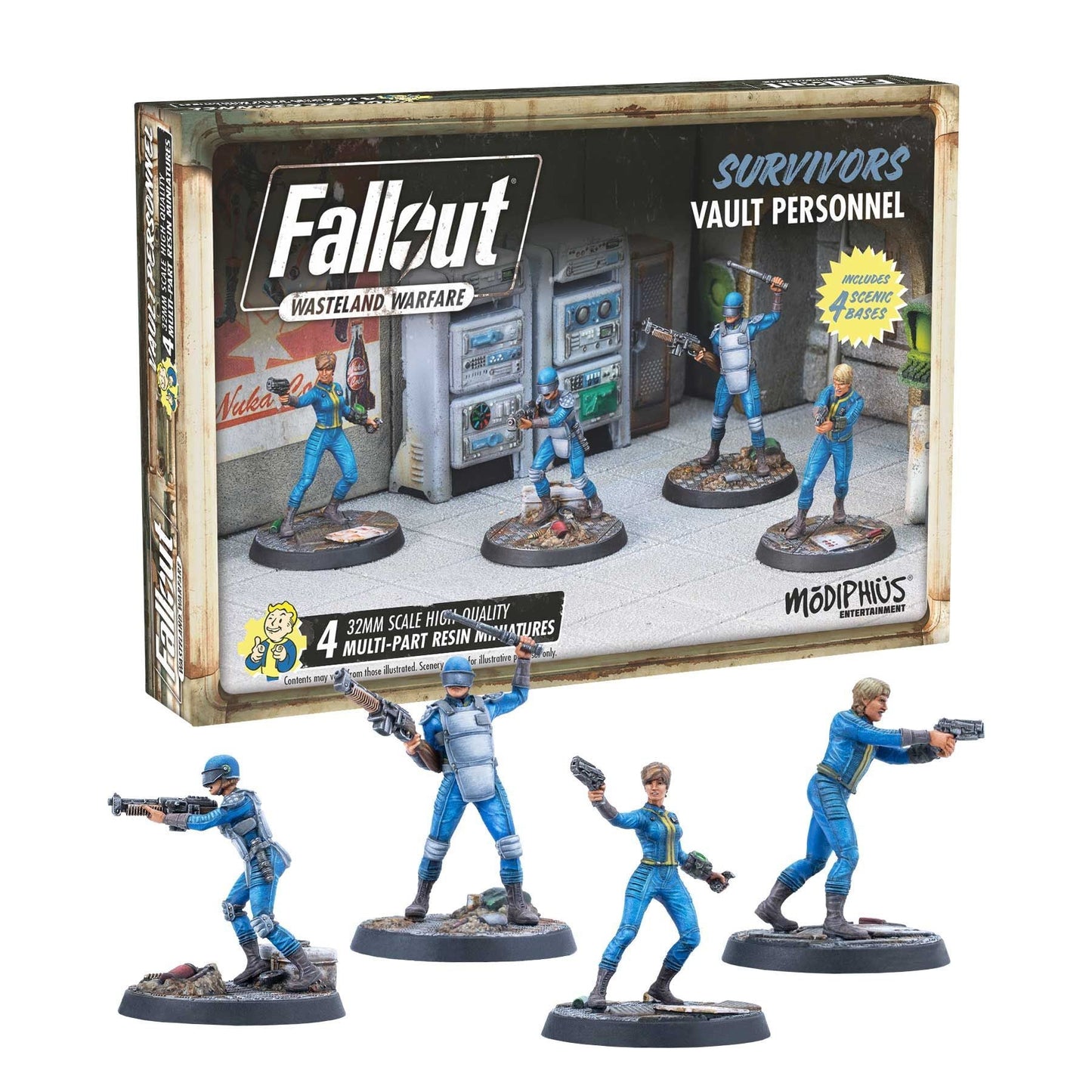 Fallout: Wasteland Warfare miniatures box with four armed Vault Dwellers in blue jumpsuits, ready for action