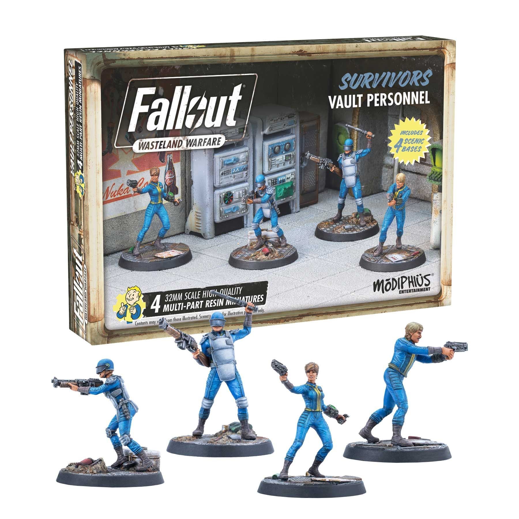 Fallout: Wasteland Warfare miniatures box with four armed Vault Dwellers in blue jumpsuits, ready for action