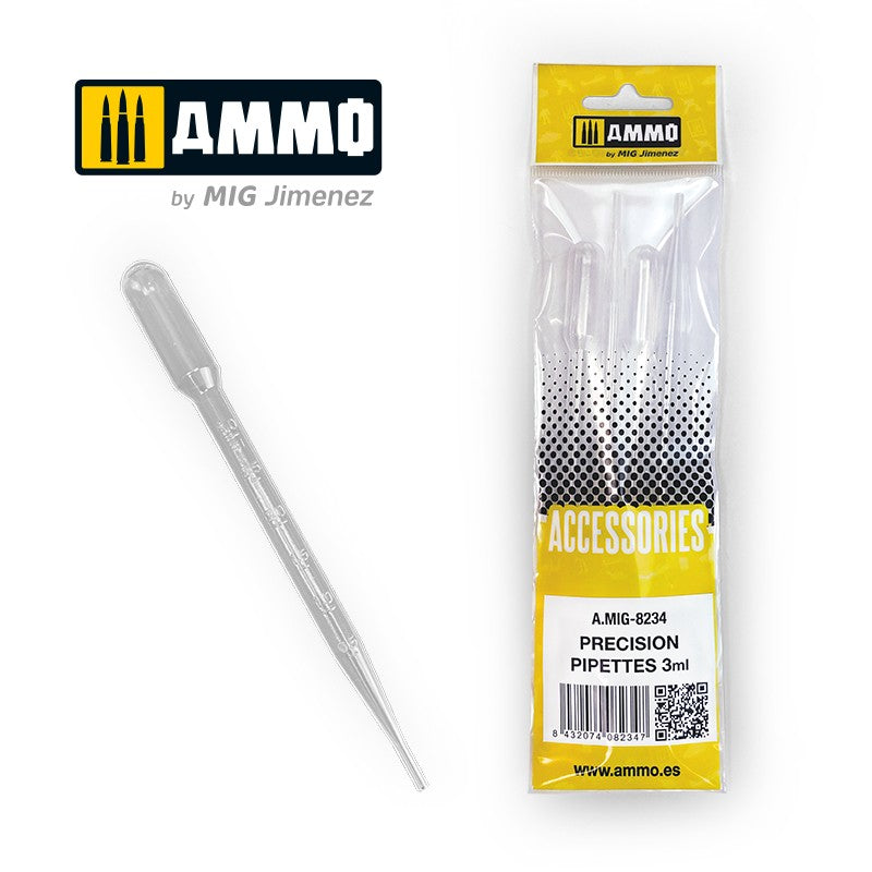 Clear 3ml plastic precision pipettes by AMMO; one individually displayed, others in a sealed package