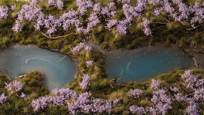 Detailed miniature landscape diorama: purple flowers and green grass surround two small, pale blue pools of water