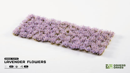 Sheet of miniature lavender flower tufts (6mm tall) used for hobby terrain, dioramas, and wargaming bases