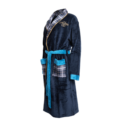 Navy blue lavish chateau bathrobe with turquoise belt, plaid collar and pockets, and a gold embroidered logo