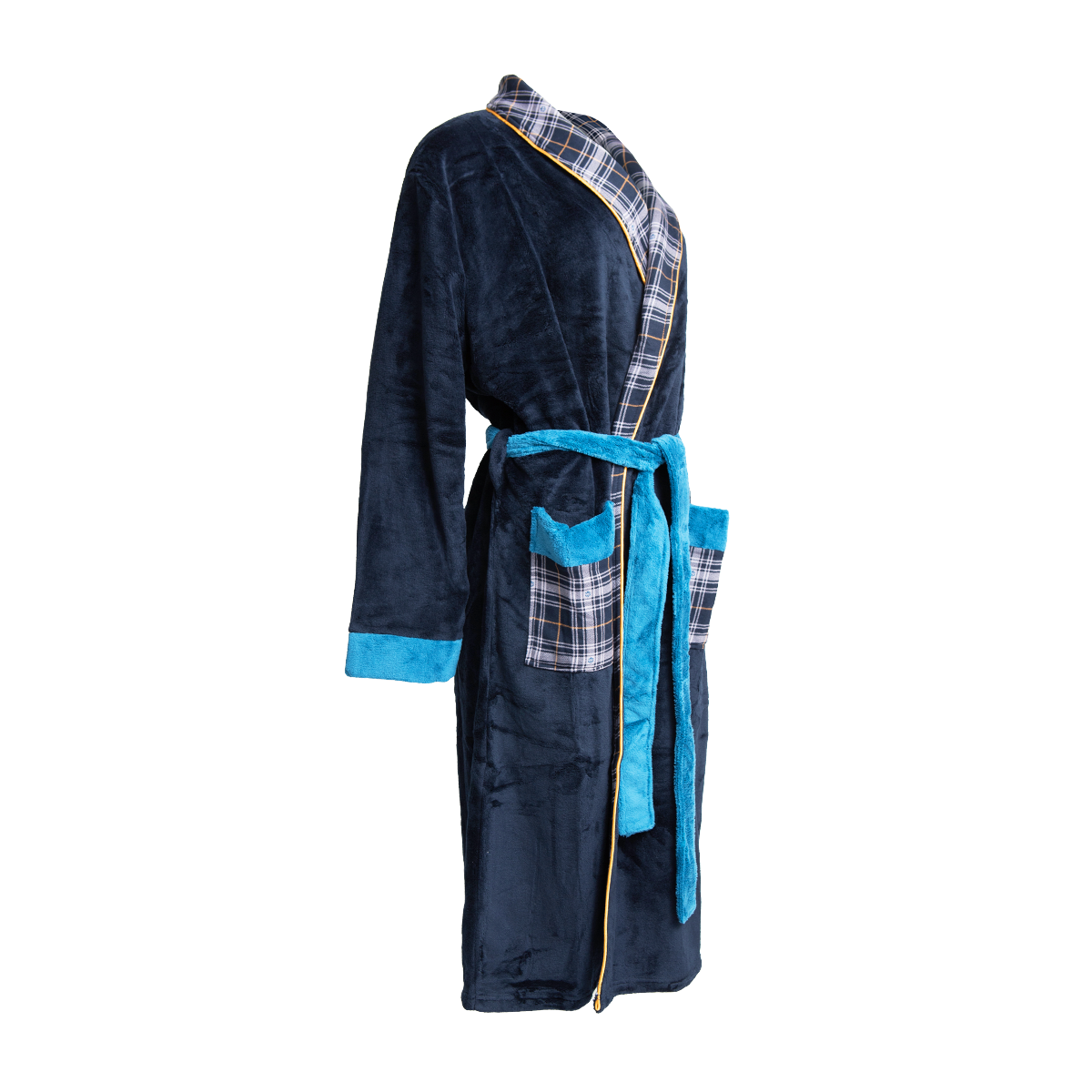 Navy blue lavish chateau bathrobe with blue tie belt, cuffs, and plaid collar/pockets
