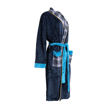 Navy blue lavish chateau bathrobe with blue tie belt, cuffs, and plaid collar/pockets