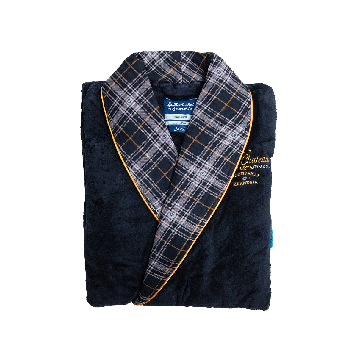 A folded navy blue  lavish chateau bathrobe with a plaid collar, gold trim, and "Chateau Entertainment" embroidered logo