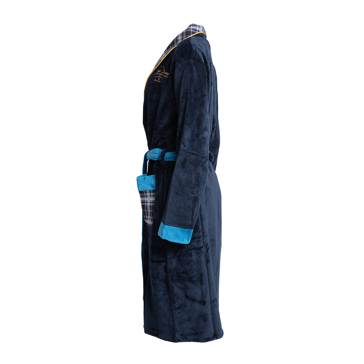 Navy blue lavish chateau bathrobe with light blue cuffs, blue tie, plaid collar/pocket accents, and gold lapel embroidery