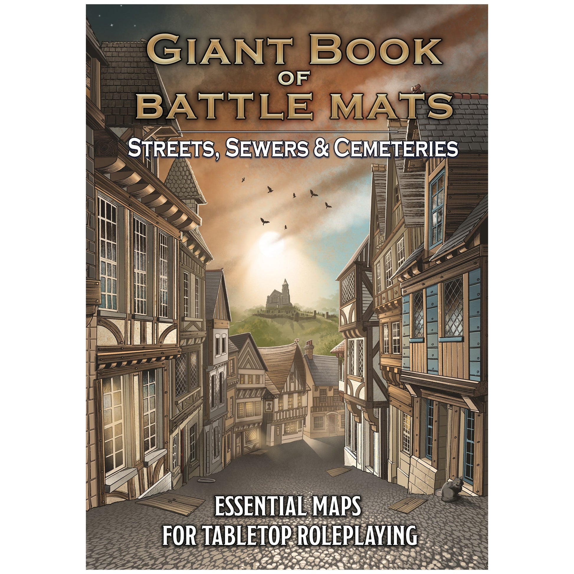 Illustrated cover for "Giant Book of Battle Mats": A medieval town street at sunset, lined with buildings leading to a distant castle.