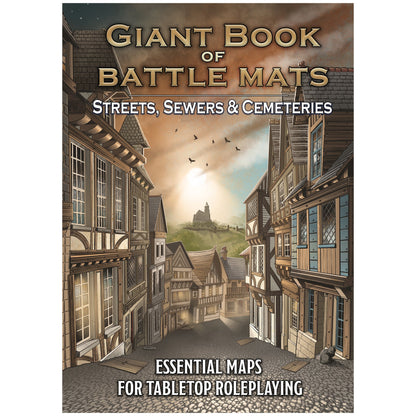 Illustrated cover for "Giant Book of Battle Mats": A medieval town street at sunset, lined with buildings leading to a distant castle.