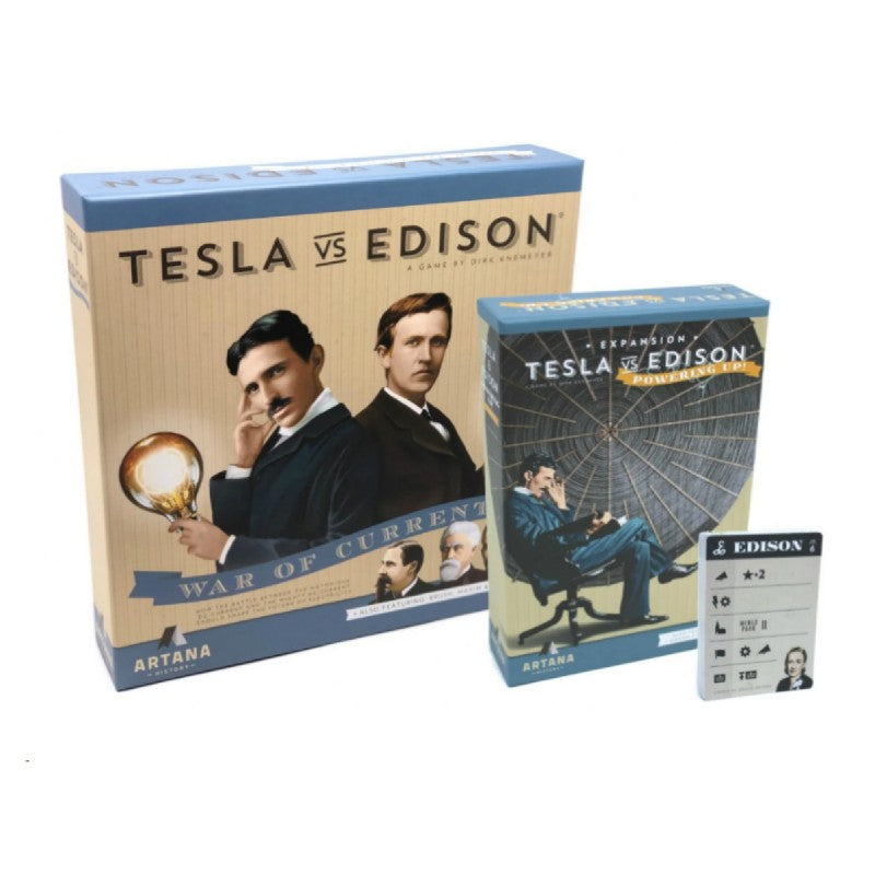 Board game boxes for Tesla vs Edison War of Current and Expansion Powering Up alongside a character card