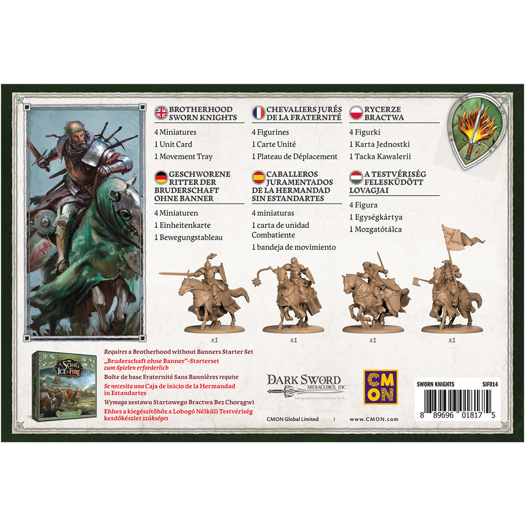 Back of a game box showing artwork of a knight on horseback, four unpainted mounted knight miniatures, and product details