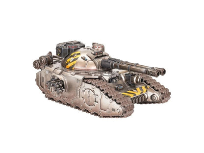 Silver miniature tank model with twin cannons and yellow hazard stripe markings